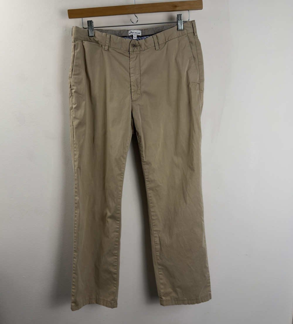 Peter Millar Men' 33 Raleigh Wash Twill Pants Pima Cotton Flat Front Chino Khaki